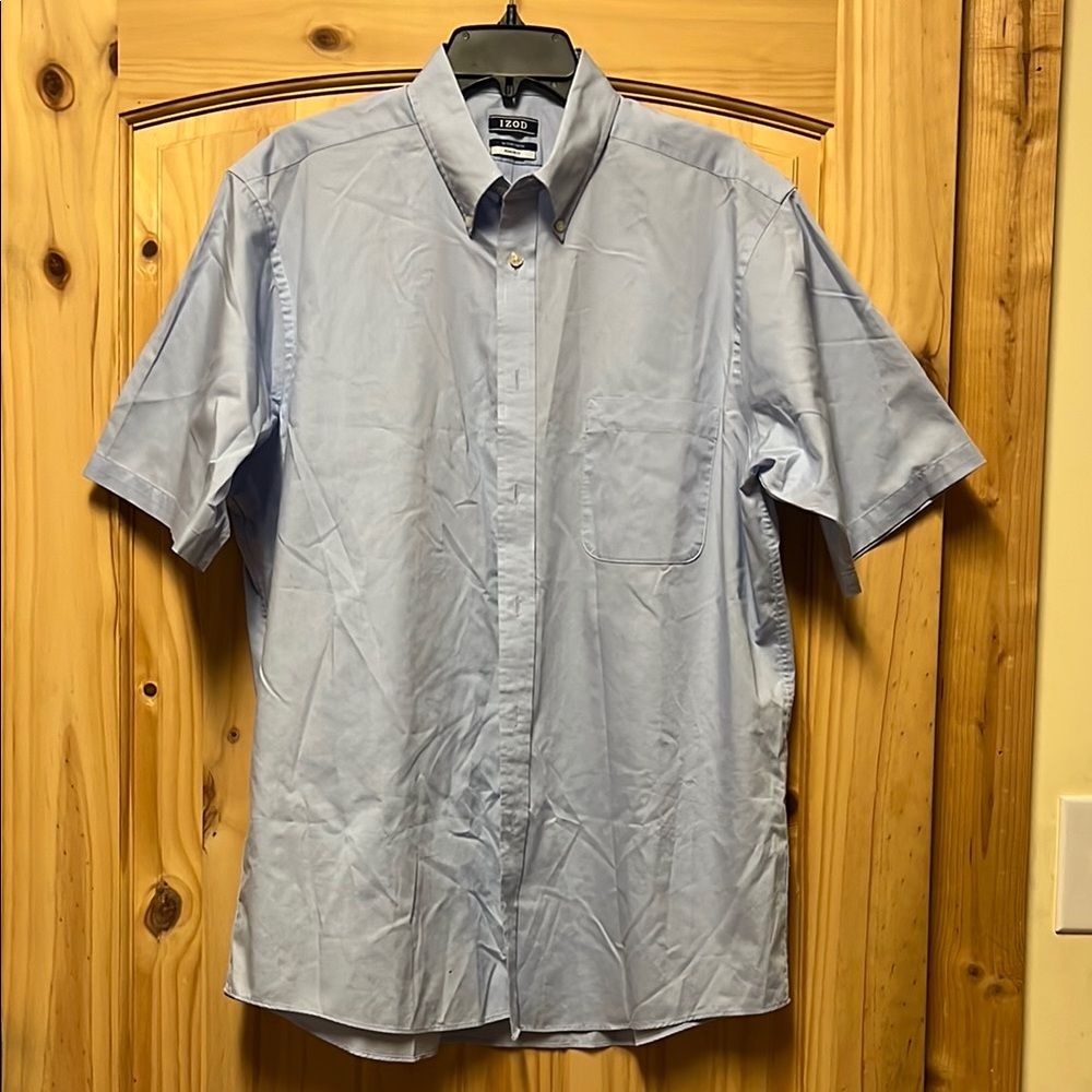 EUC Izod Blue Casual Button Down Shirt Short Sleeve Large 16-16.5